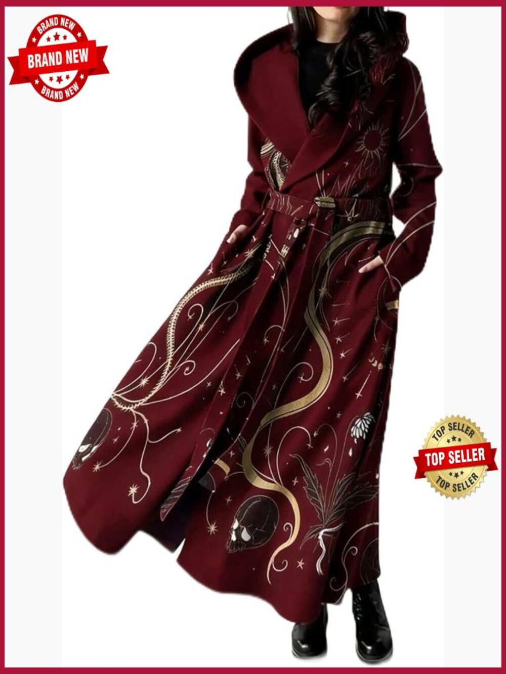 Long Fleece Trench Coat Gothic Winter Open Front Belted Overcoat Peacoat Fall